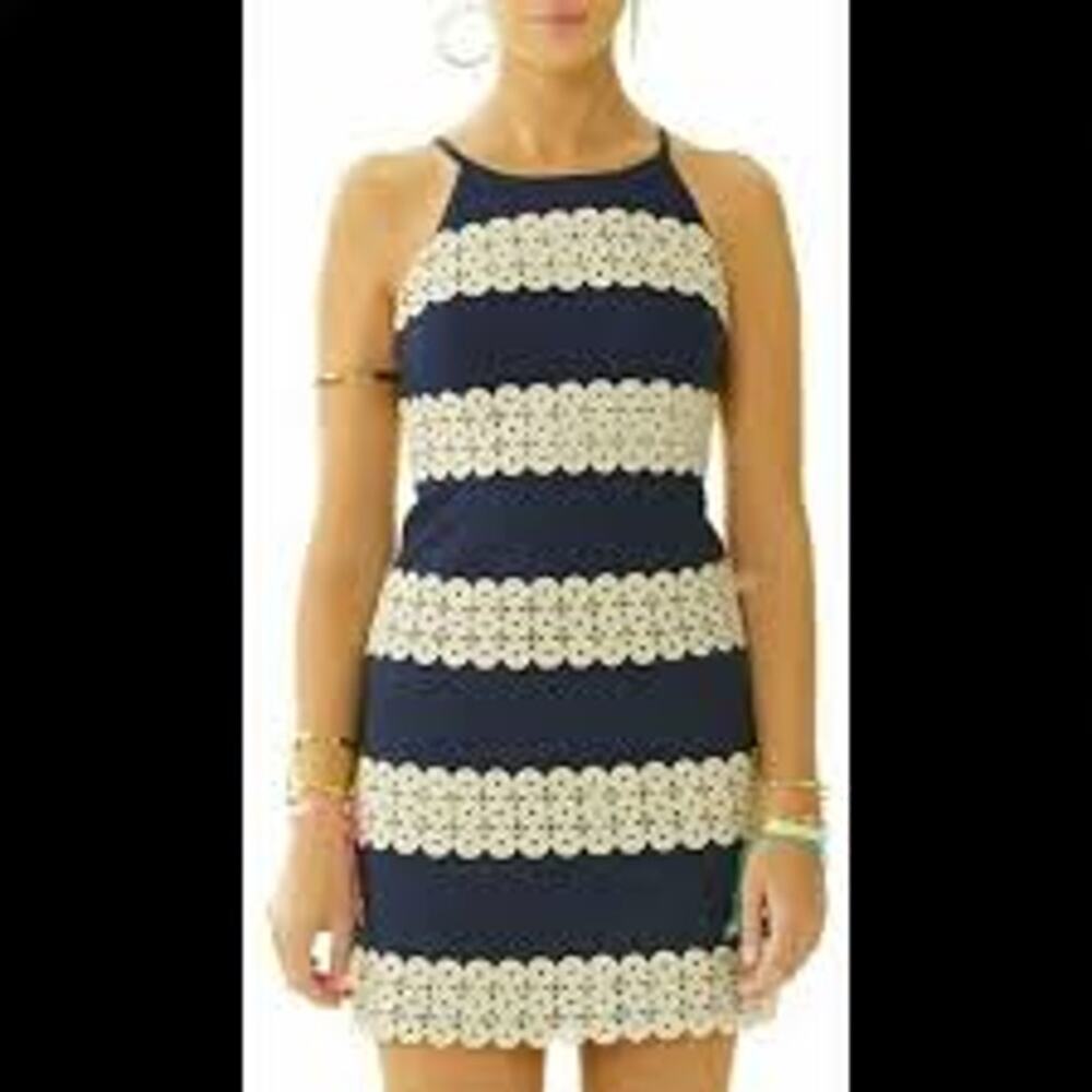Lilly Pulitzer "Annabelle" Navy Blue Gold Embroidery 100% Cotton Dress size 8